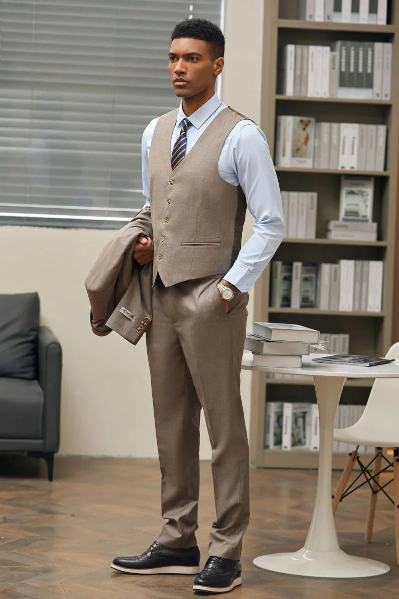 Men's Stacy Adam's Two Button Vested Sharkskin Business Suit in Dark Tan - Image 3