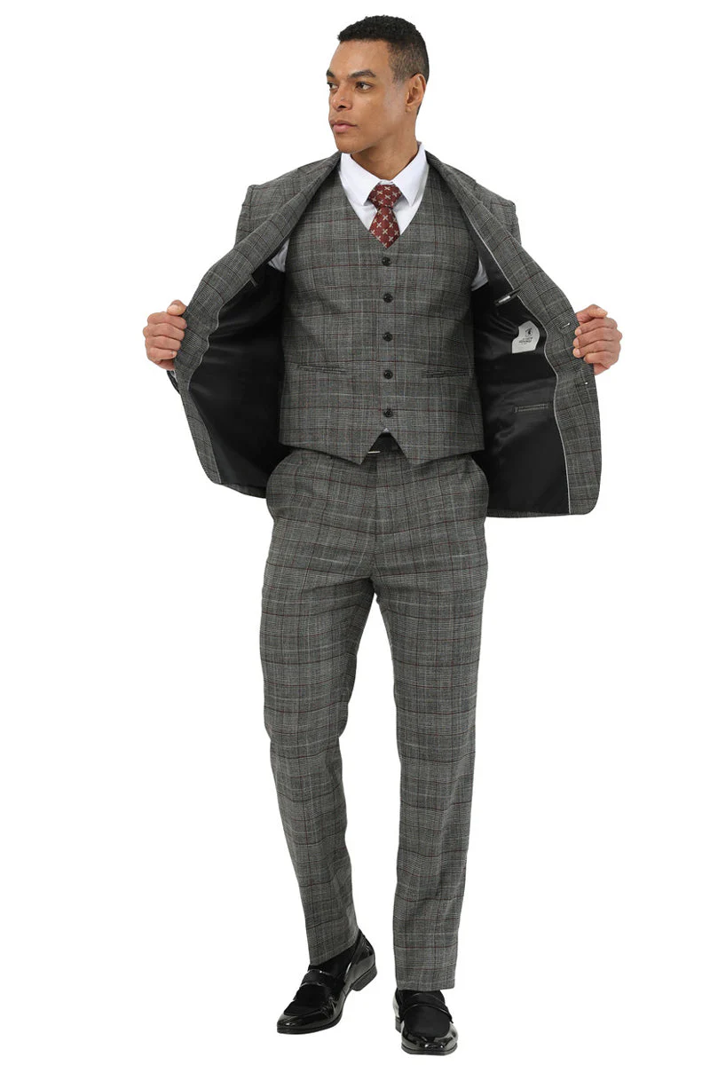 Men's Stacy Adams Two Button Wide Notch Lapel Vested Suit in Black Glen Plaid - Image 5
