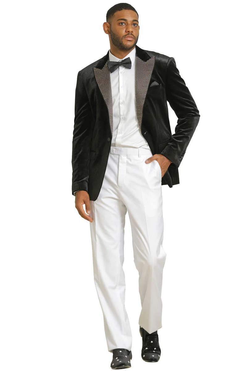 Men's Stacy Adams Velvet Wedding & Prom Tuxedo Jacket With Rhinestone Adorned Lapel in Black - Image 2