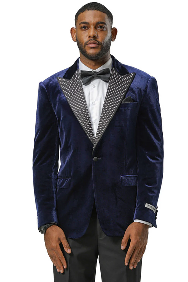 Men's Stacy Adams Velvet Wedding & Prom Tuxedo Jacket With Rhinestone Adorned Lapel in Navy - Image 3