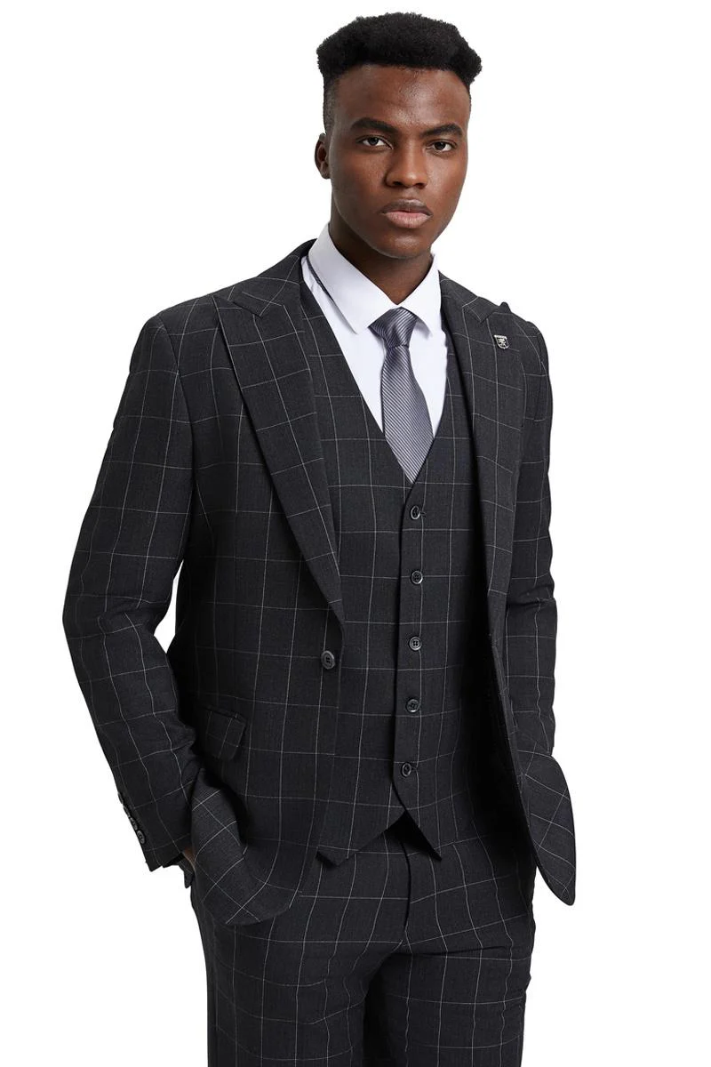 Men's Stacy Adams Vest Classic Bold Windowpane Suit in Dark Charcoal Grey - Image 4