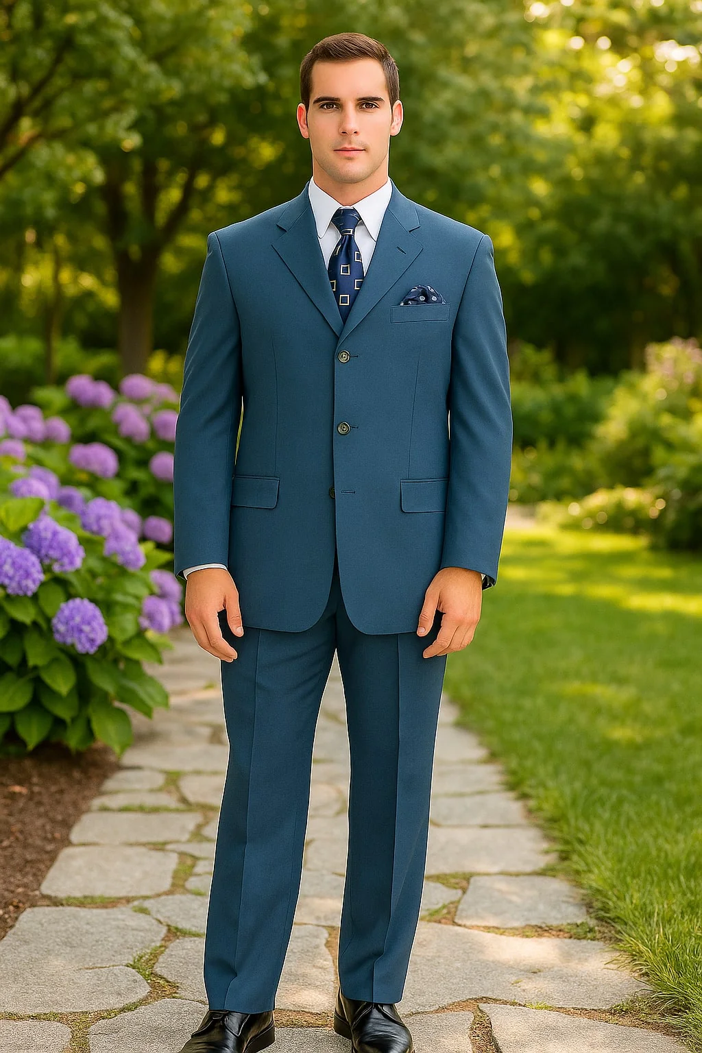 Mens Steel Blue 3-Button Classic Suit – Formal Business Attire with Vest, Tie and Pocket Square - Image 4