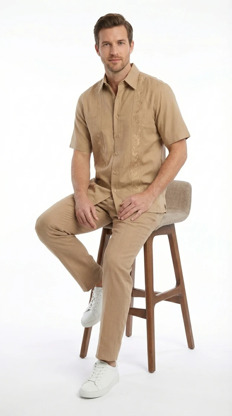 Mens Tan Embroidered Walking Suit Set – Short Sleeve Shirt and Pants Casual Summer Outfit for Vacation, Beach in khaki Beige Color - Image 11