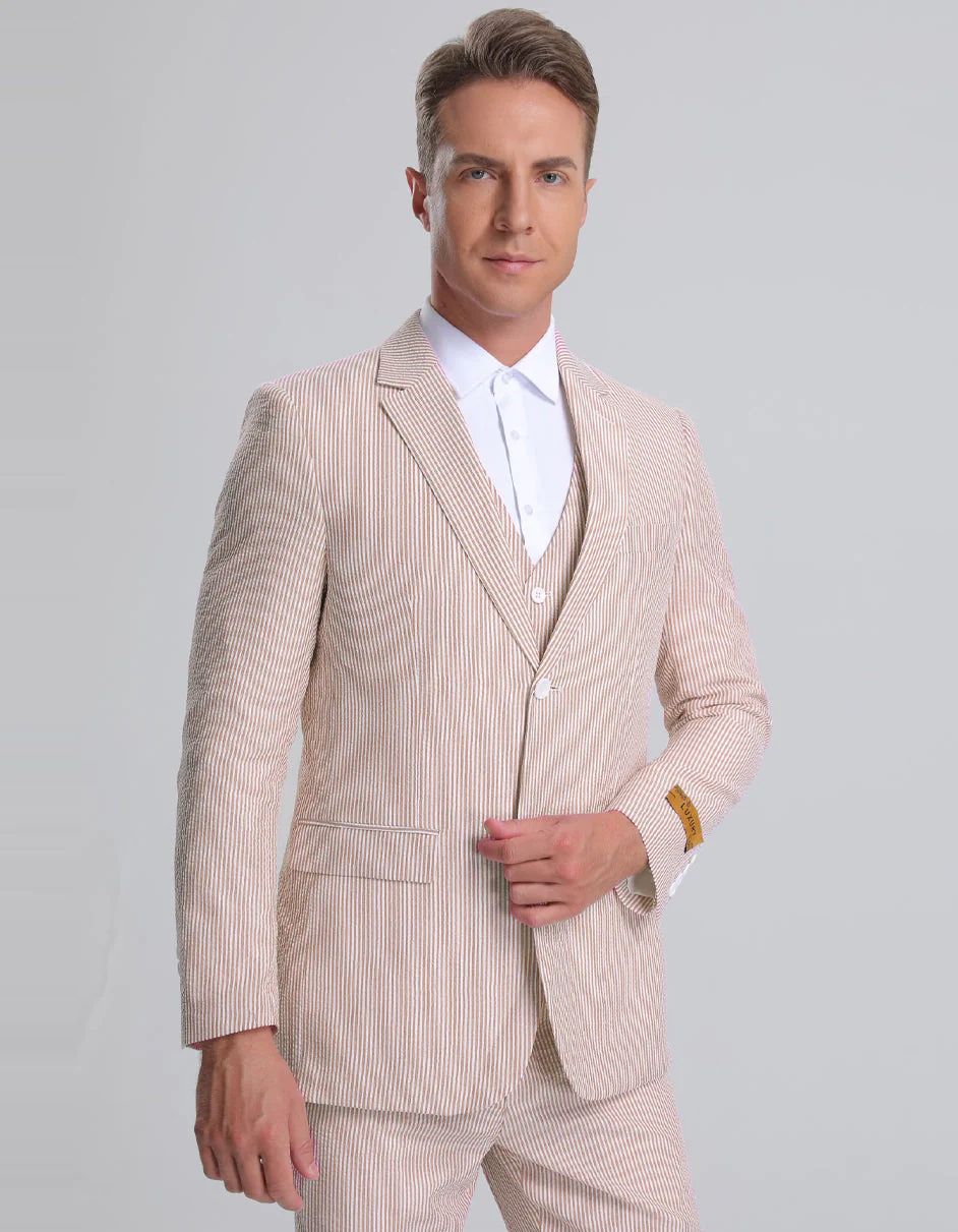 Mens Tan Pinstripe Jacket + Pants Summer Seersucker Suit