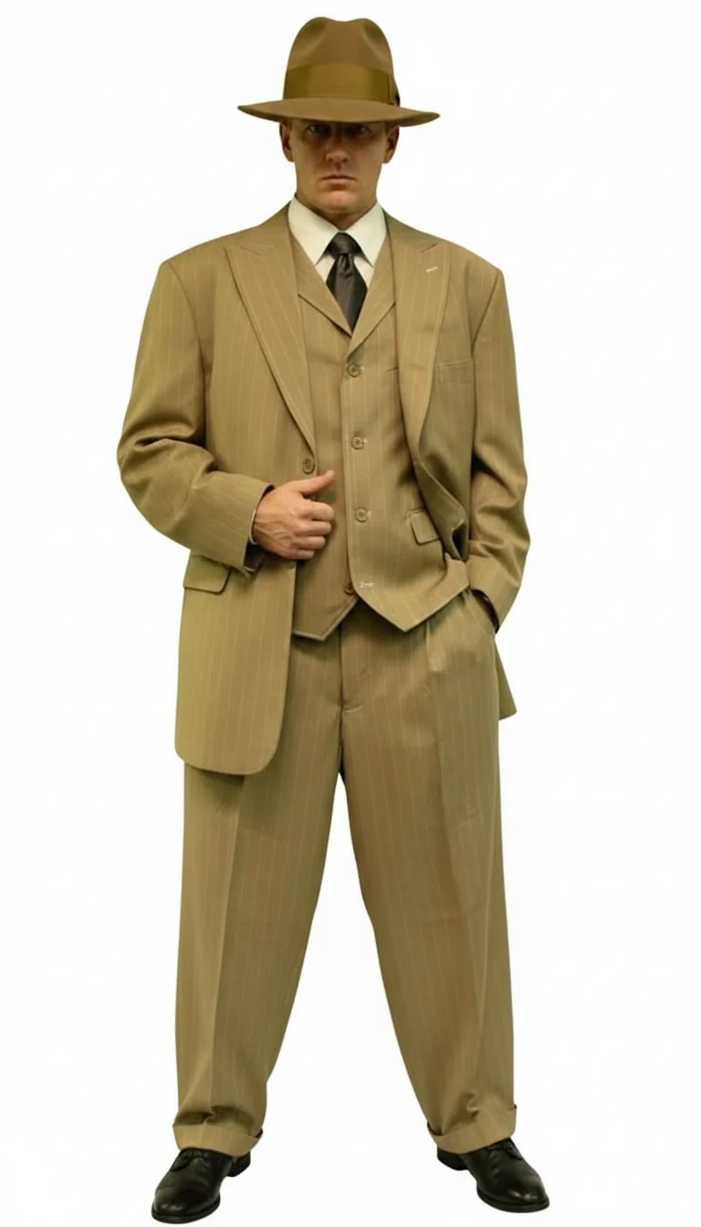 Mens Tan Pinstripe Zoot Suit – 1920s Gangster Vintage 3-Piece Suit with Wide-Leg Pants - Image 2