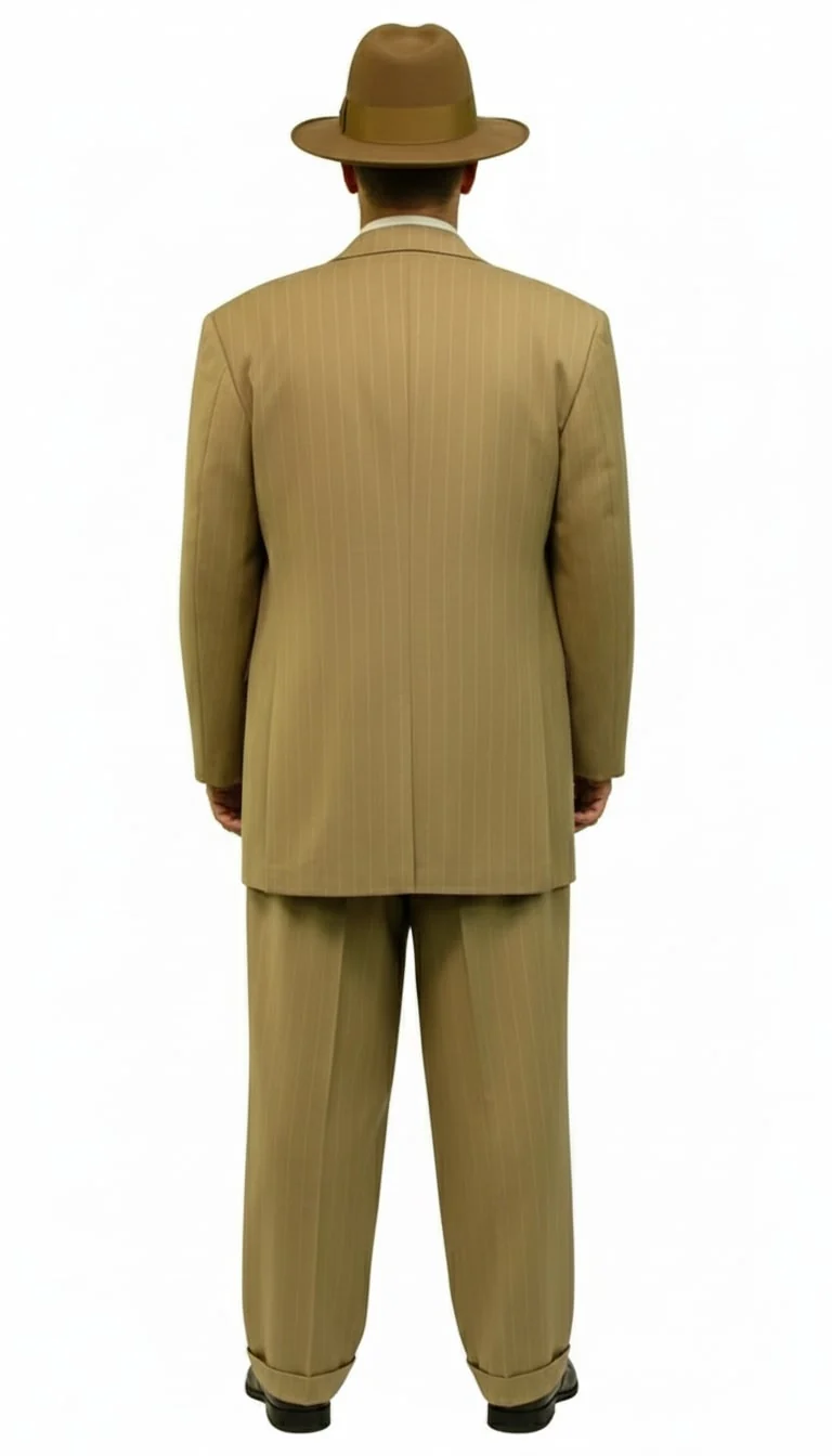 Mens Tan Pinstripe Zoot Suit – 1920s Gangster Vintage 3-Piece Suit with Wide-Leg Pants - Image 3