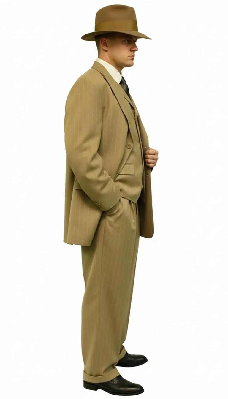 Mens Tan Pinstripe Zoot Suit – 1920s Gangster Vintage 3-Piece Suit with Wide-Leg Pants - Image 4