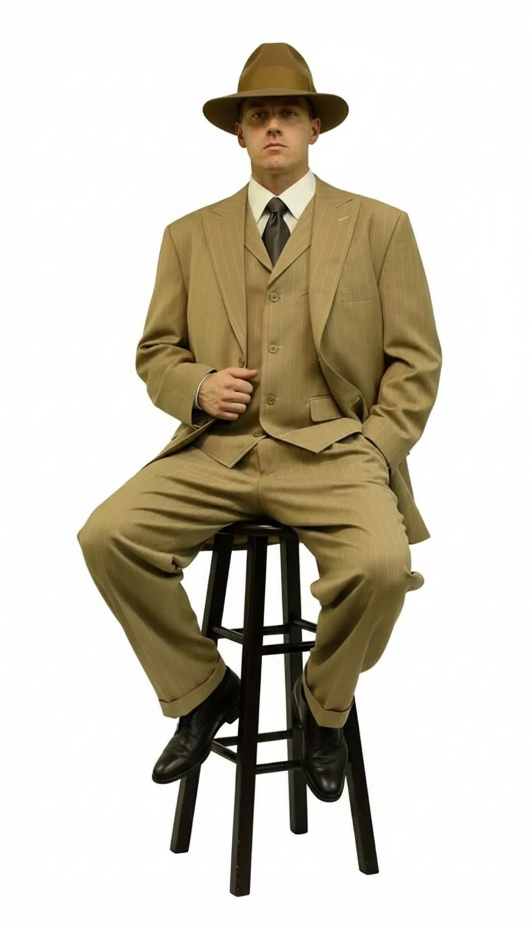 Mens Tan Pinstripe Zoot Suit – 1920s Gangster Vintage 3-Piece Suit with Wide-Leg Pants - Image 5