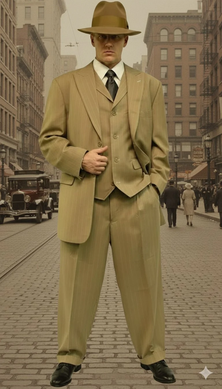 Mens Tan Pinstripe Zoot Suit – 1920s Gangster Vintage 3-Piece Suit with Wide-Leg Pants - Image 6