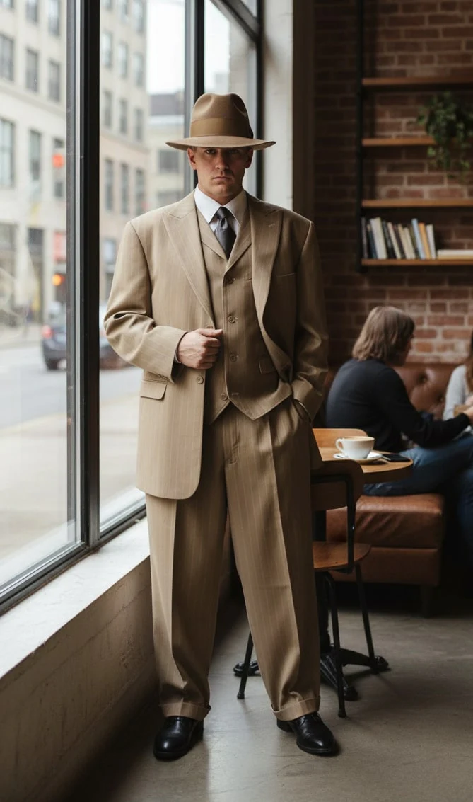 Mens Tan Pinstripe Zoot Suit – 1920s Gangster Vintage 3-Piece Suit with Wide-Leg Pants - Image 8