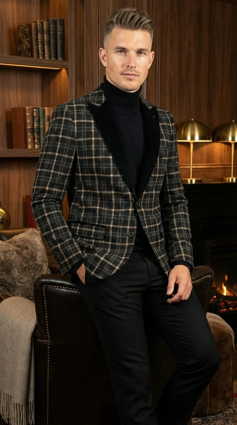 Mens Tartan Black and Gold Check Blazer – Windowpane Plaid Sport Coat Velvet Lapel Formal Party Jacket Chirsitmas New Year Holiday Jacket - Image 10