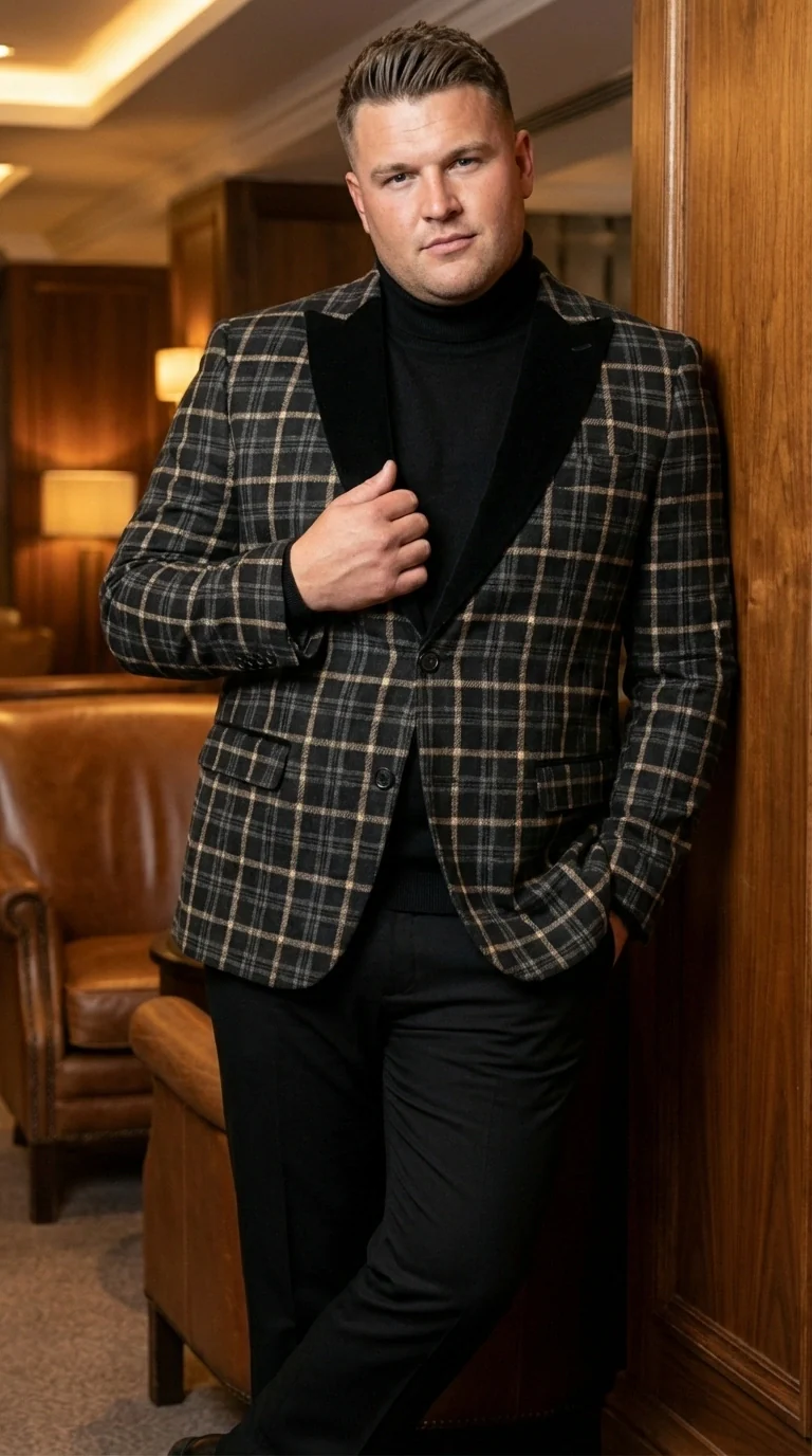 Mens Tartan Black and Gold Check Blazer – Windowpane Plaid Sport Coat Velvet Lapel Formal Party Jacket Chirsitmas New Year Holiday Jacket - Image 12