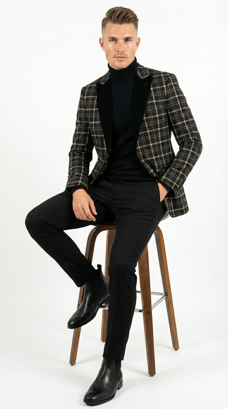 Mens Tartan Black and Gold Check Blazer – Windowpane Plaid Sport Coat Velvet Lapel Formal Party Jacket Chirsitmas New Year Holiday Jacket - Image 14