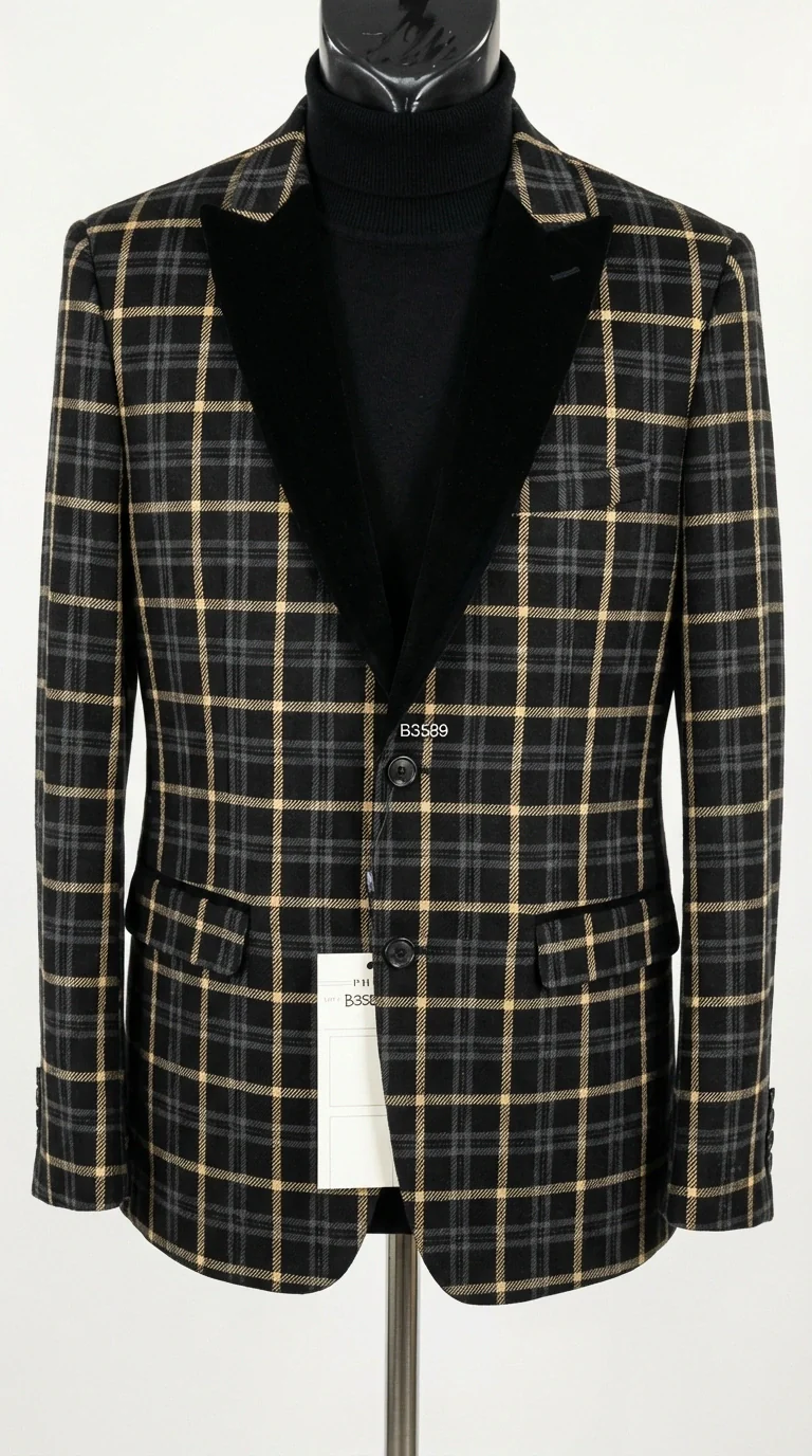 Mens Tartan Black and Gold Check Blazer – Windowpane Plaid Sport Coat Velvet Lapel Formal Party Jacket Chirsitmas New Year Holiday Jacket - Image 15