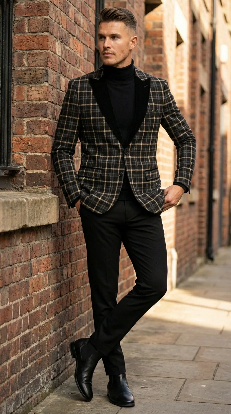 Mens Tartan Black and Gold Check Blazer – Windowpane Plaid Sport Coat Velvet Lapel Formal Party Jacket Chirsitmas New Year Holiday Jacket - Image 3