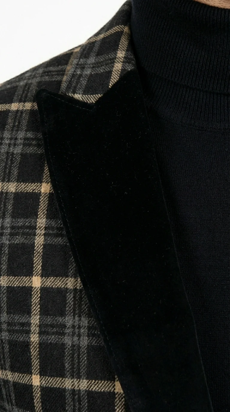Mens Tartan Black and Gold Check Blazer – Windowpane Plaid Sport Coat Velvet Lapel Formal Party Jacket Chirsitmas New Year Holiday Jacket - Image 4