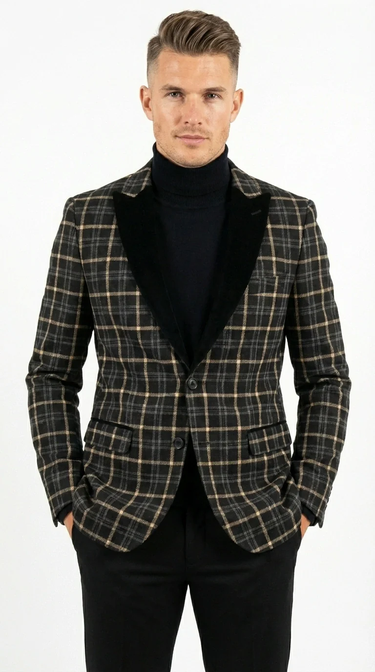 Mens Tartan Black and Gold Check Blazer – Windowpane Plaid Sport Coat Velvet Lapel Formal Party Jacket Chirsitmas New Year Holiday Jacket - Image 5