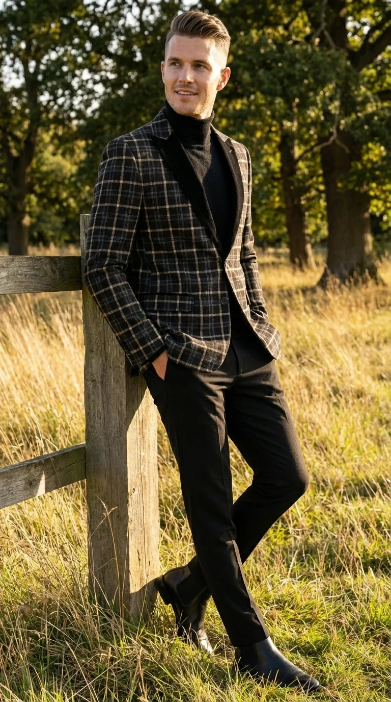 Mens Tartan Black and Gold Check Blazer – Windowpane Plaid Sport Coat Velvet Lapel Formal Party Jacket Chirsitmas New Year Holiday Jacket - Image 6