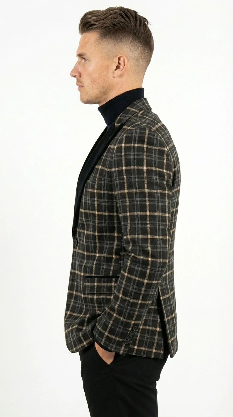 Mens Tartan Black and Gold Check Blazer – Windowpane Plaid Sport Coat Velvet Lapel Formal Party Jacket Chirsitmas New Year Holiday Jacket - Image 8