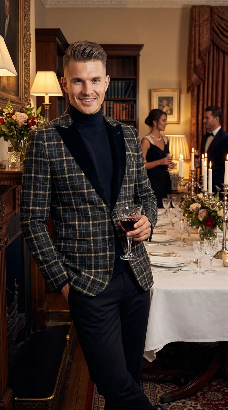 Mens Tartan Black and Gold Check Blazer – Windowpane Plaid Sport Coat Velvet Lapel Formal Party Jacket Chirsitmas New Year Holiday Jacket - Image 9