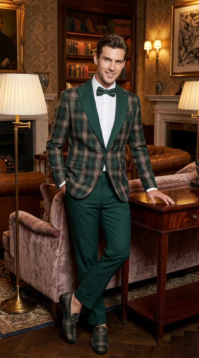 Mens Tartan Green and Brown Blue Plaid Tuxedo Dinner Jacket Set – Checkered Prom Blazer with Dark Green Pants Formal Wedding Party Wear - Image 10