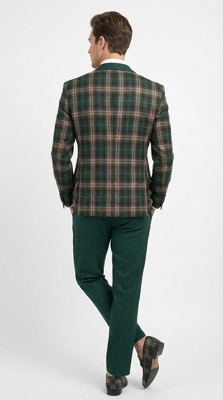 Mens Tartan Green and Brown Blue Plaid Tuxedo Dinner Jacket Set – Checkered Prom Blazer with Dark Green Pants Formal Wedding Party Wear - Image 2