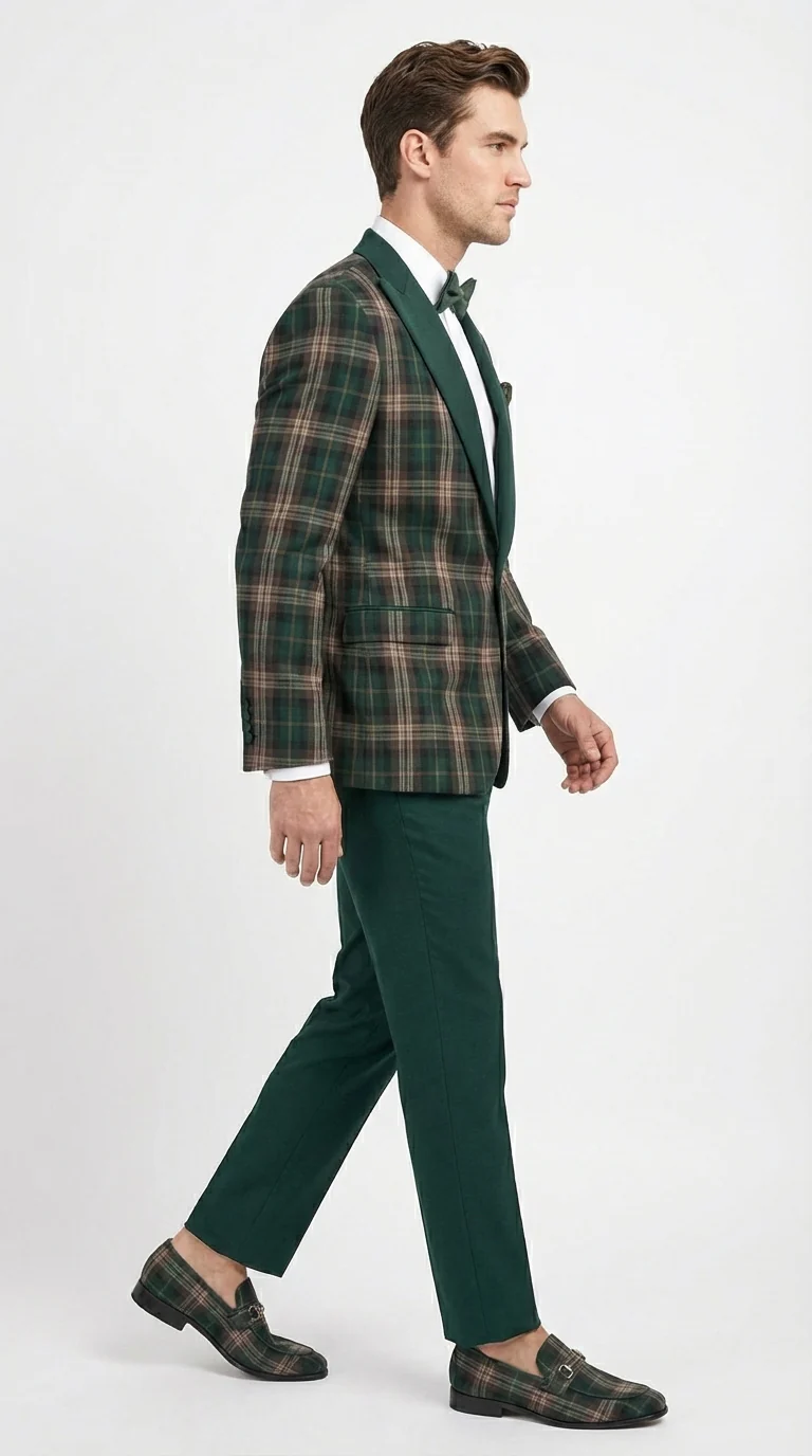 Mens Tartan Green and Brown Blue Plaid Tuxedo Dinner Jacket Set – Checkered Prom Blazer with Dark Green Pants Formal Wedding Party Wear - Image 3