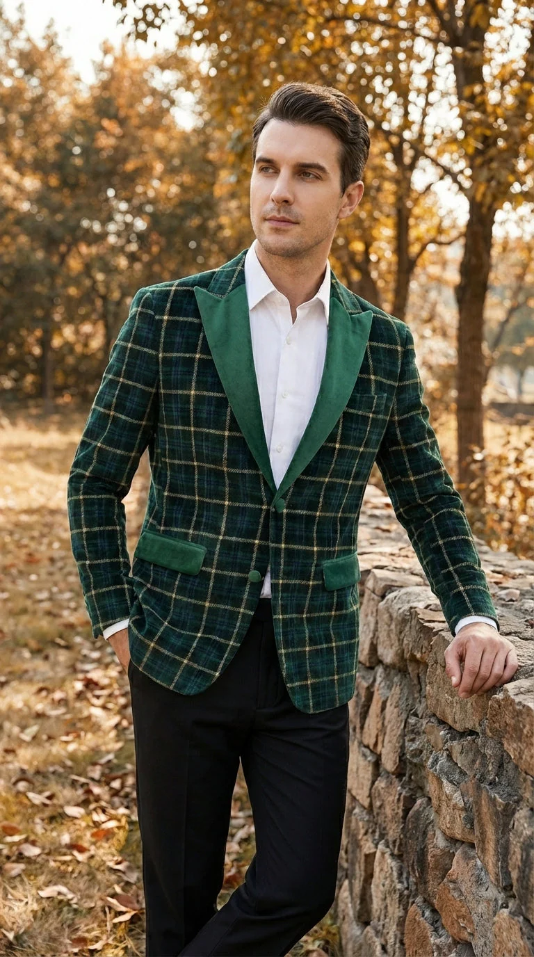 Mens Tartan Green and Gold Check Blazer – Windowpane Plaid Sport Coat Velvet Lapel Plaid Christmas Holiday New Year Jacket - Image 10