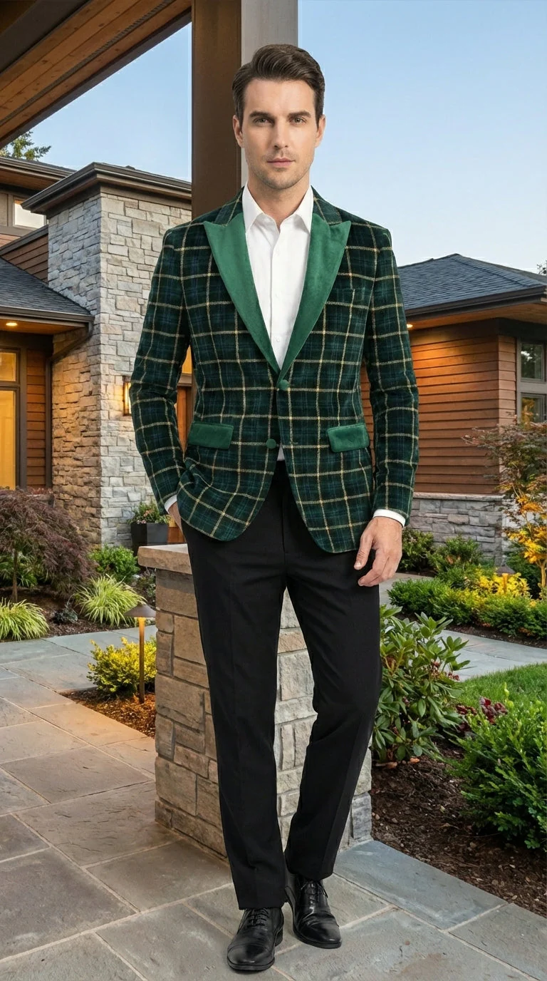 Mens Tartan Green and Gold Check Blazer – Windowpane Plaid Sport Coat Velvet Lapel Plaid Christmas Holiday New Year Jacket - Image 11