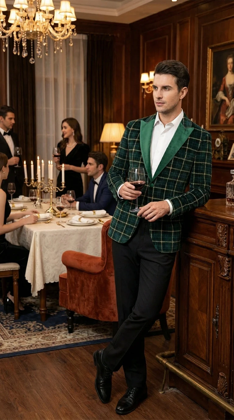 Mens Tartan Green and Gold Check Blazer – Windowpane Plaid Sport Coat Velvet Lapel Plaid Christmas Holiday New Year Jacket - Image 12