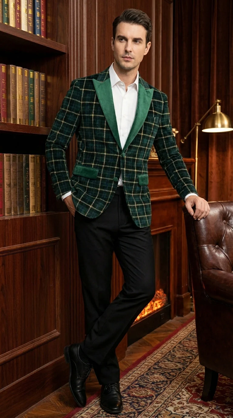 Mens Tartan Green and Gold Check Blazer – Windowpane Plaid Sport Coat Velvet Lapel Plaid Christmas Holiday New Year Jacket - Image 13