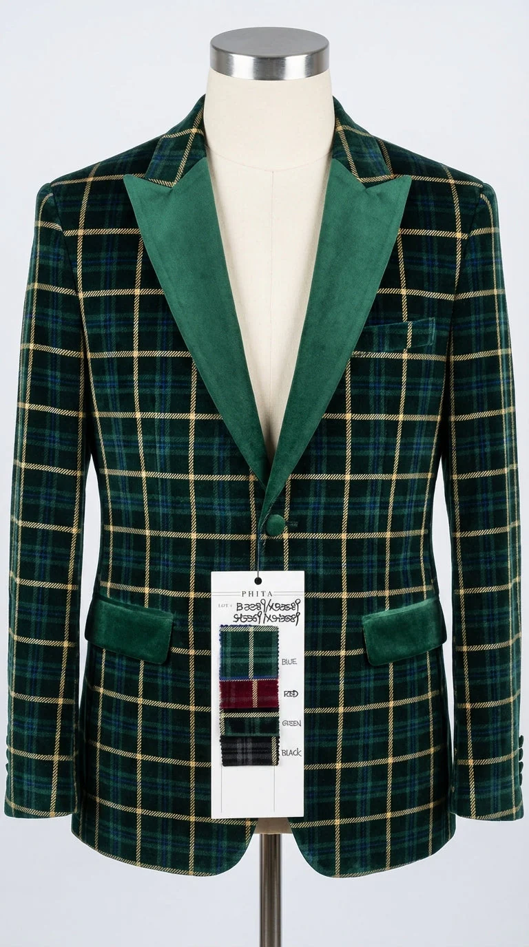 Mens Tartan Green and Gold Check Blazer – Windowpane Plaid Sport Coat Velvet Lapel Plaid Christmas Holiday New Year Jacket - Image 14