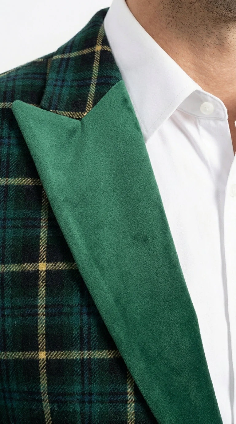 Mens Tartan Green and Gold Check Blazer – Windowpane Plaid Sport Coat Velvet Lapel Plaid Christmas Holiday New Year Jacket - Image 15