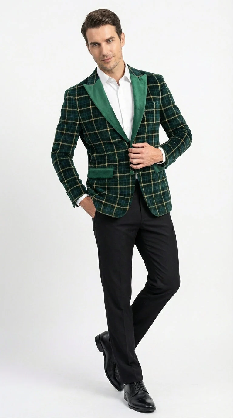 Mens Tartan Green and Gold Check Blazer – Windowpane Plaid Sport Coat Velvet Lapel Plaid Christmas Holiday New Year Jacket - Image 3