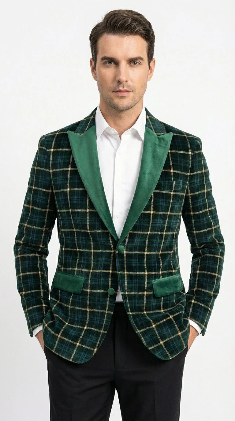 Mens Tartan Green and Gold Check Blazer – Windowpane Plaid Sport Coat Velvet Lapel Plaid Christmas Holiday New Year Jacket - Image 4