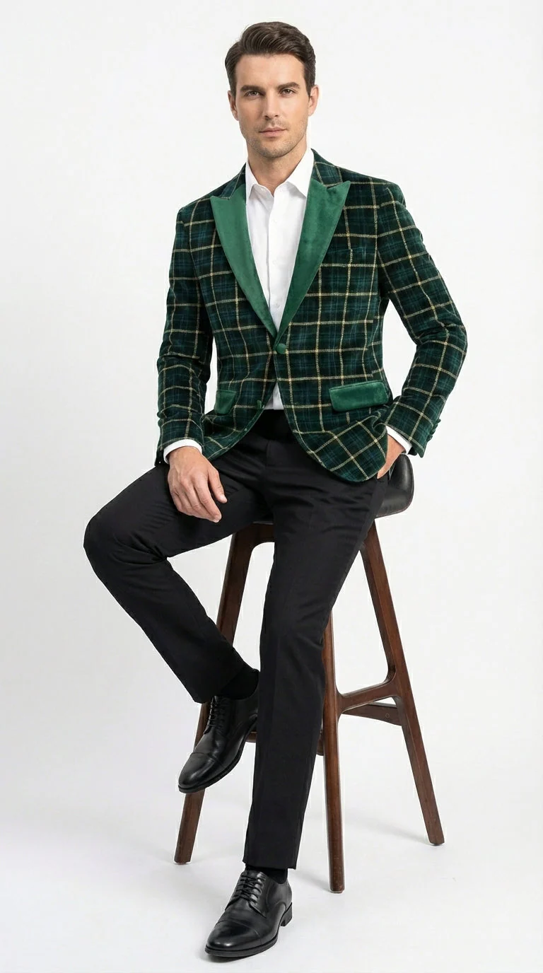 Mens Tartan Green and Gold Check Blazer – Windowpane Plaid Sport Coat Velvet Lapel Plaid Christmas Holiday New Year Jacket - Image 5