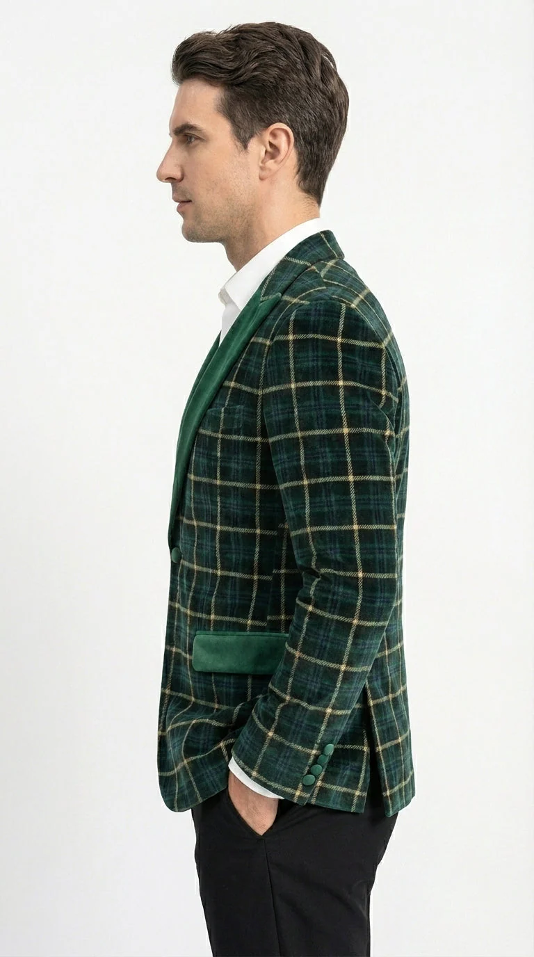 Mens Tartan Green and Gold Check Blazer – Windowpane Plaid Sport Coat Velvet Lapel Plaid Christmas Holiday New Year Jacket - Image 6