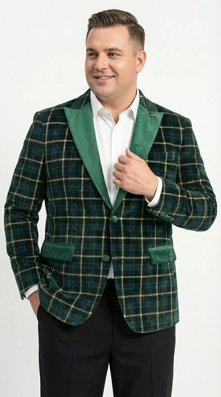 Mens Tartan Green and Gold Check Blazer – Windowpane Plaid Sport Coat Velvet Lapel Plaid Christmas Holiday New Year Jacket - Image 8