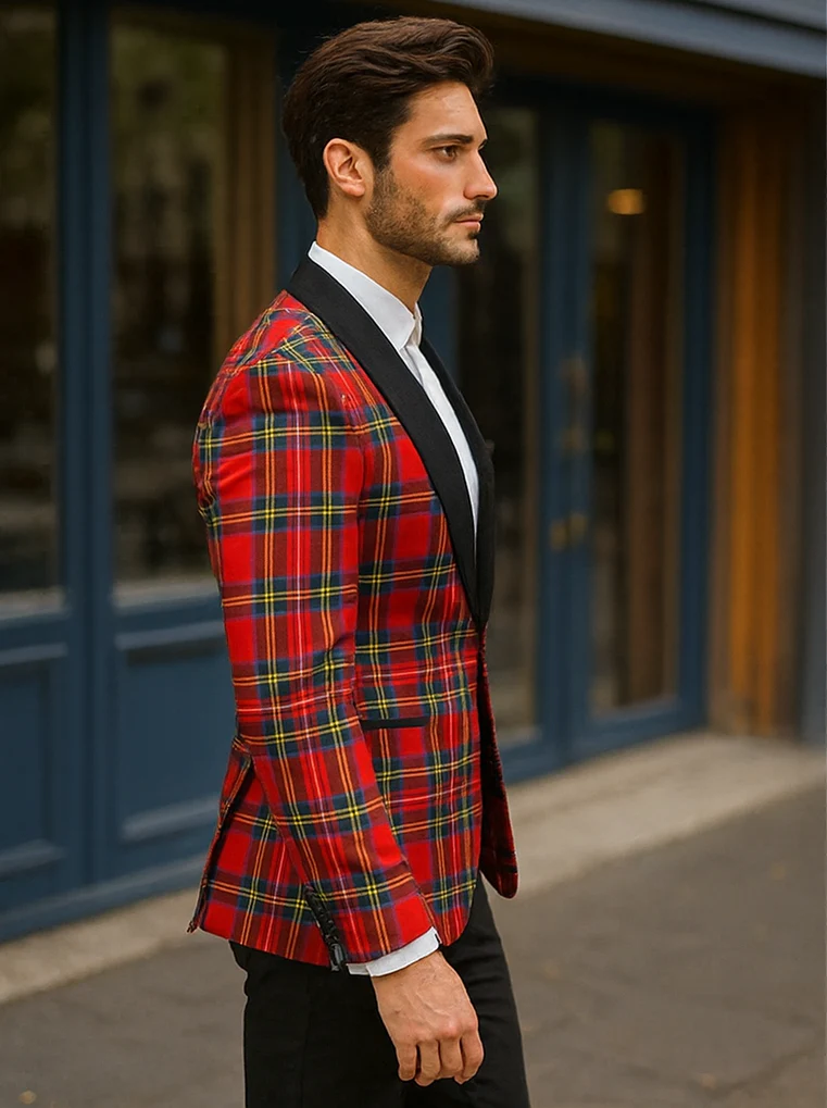 Mens Tartan Plaid Christmas Holiday Blazer in Red - Image 3