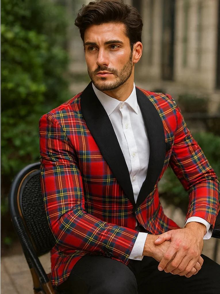 Mens Tartan Plaid Christmas Holiday Blazer in Red - Image 4