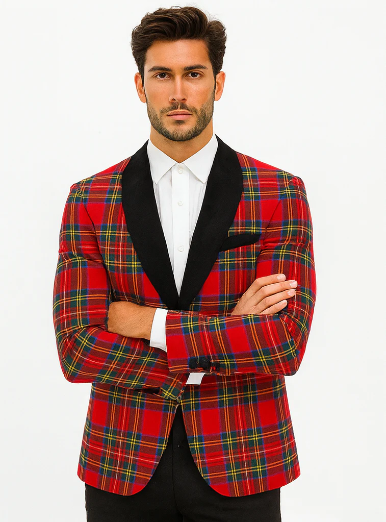 Mens Tartan Plaid Christmas Holiday Blazer in Red - Image 5
