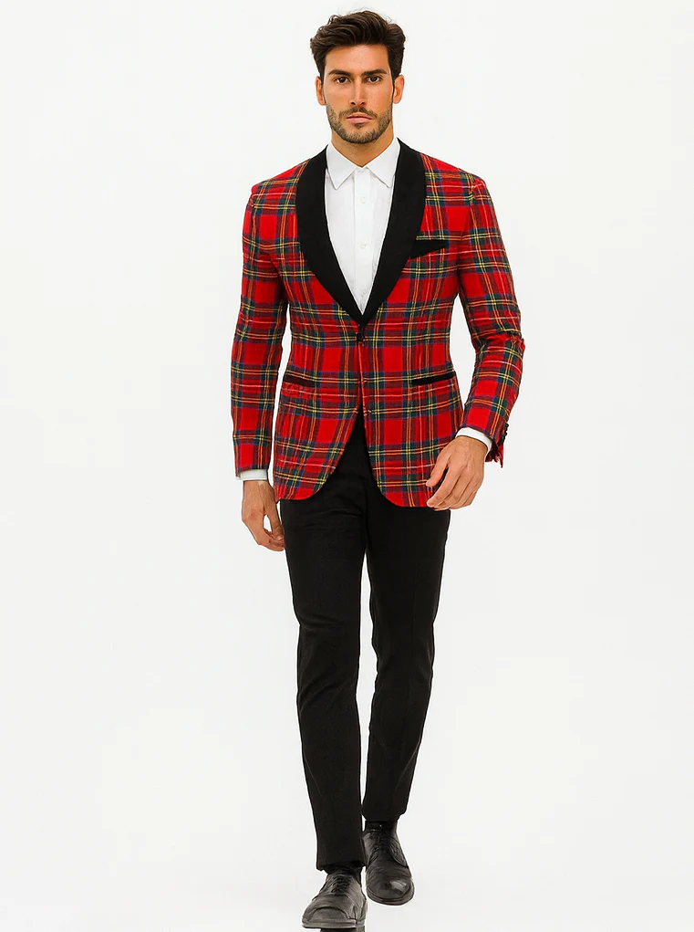 Mens Tartan Plaid Christmas Holiday Blazer in Red - Image 6