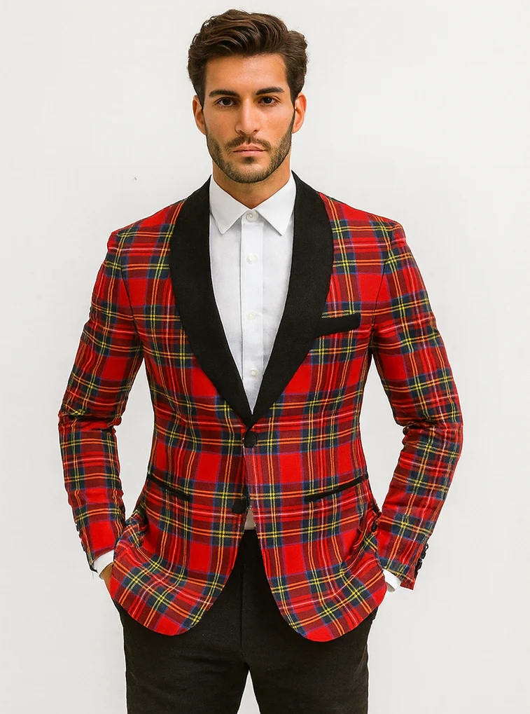 Mens Tartan Plaid Christmas Holiday Blazer in Red - Image 7