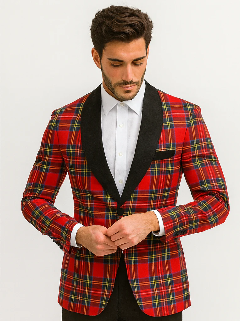 Mens Tartan Plaid Christmas Holiday Blazer in Red - Image 8