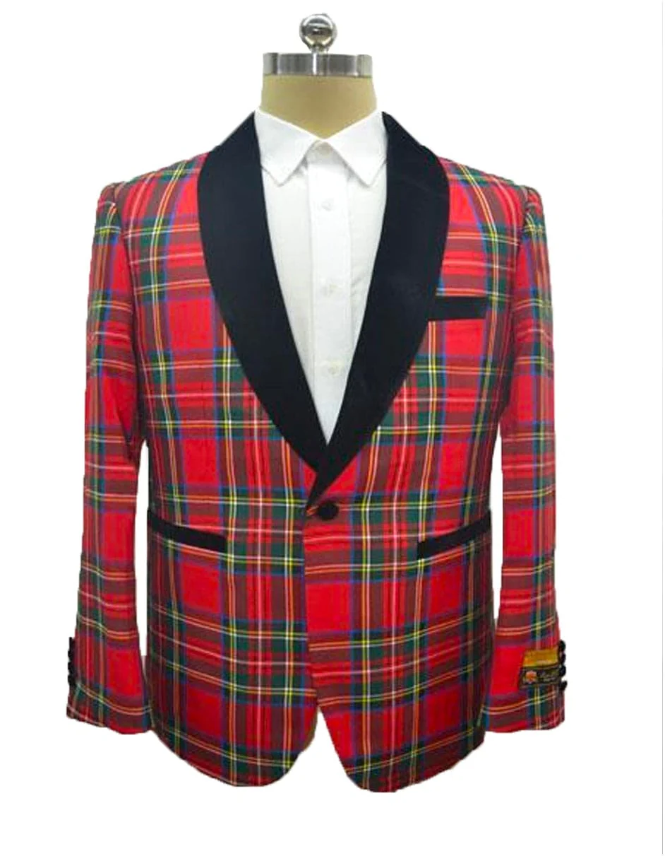 Mens Tartan Plaid Christmas Holiday Blazer in Red - Image 9