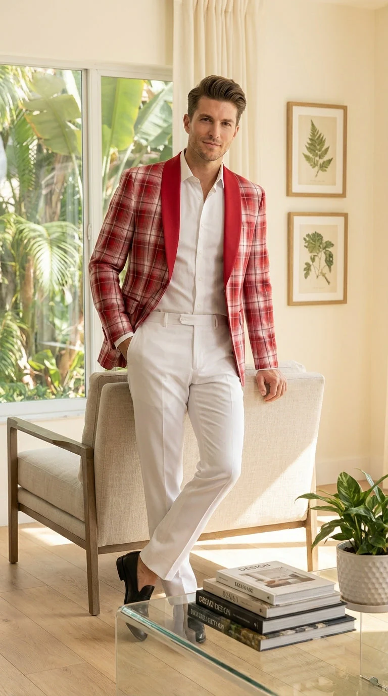 Mens Tartan Red and White Plaid Blazer – Check Pattern Sport Coat Red Shawl Lapel Party Christmas Holiday New Year - Image 12