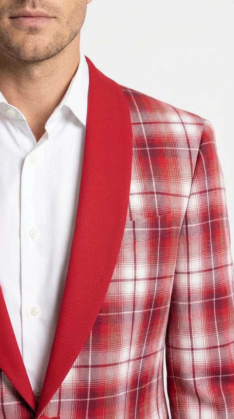 Mens Tartan Red and White Plaid Blazer – Check Pattern Sport Coat Red Shawl Lapel Party Christmas Holiday New Year - Image 14