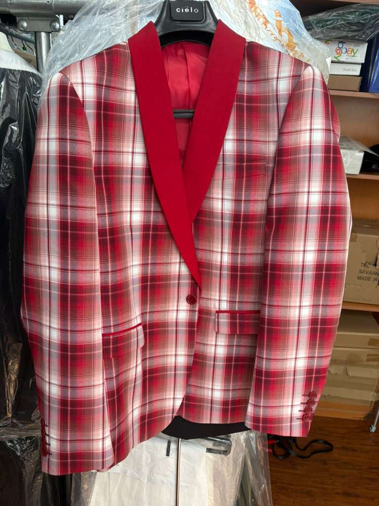 Mens Tartan Red and White Plaid Blazer – Check Pattern Sport Coat Red Shawl Lapel Party Christmas Holiday New Year - Image 15