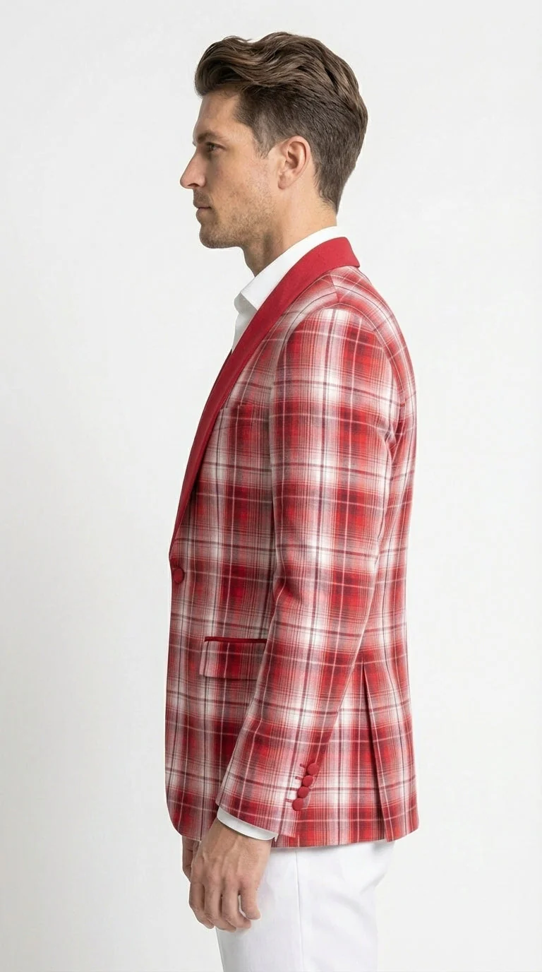 Mens Tartan Red and White Plaid Blazer – Check Pattern Sport Coat Red Shawl Lapel Party Christmas Holiday New Year - Image 3