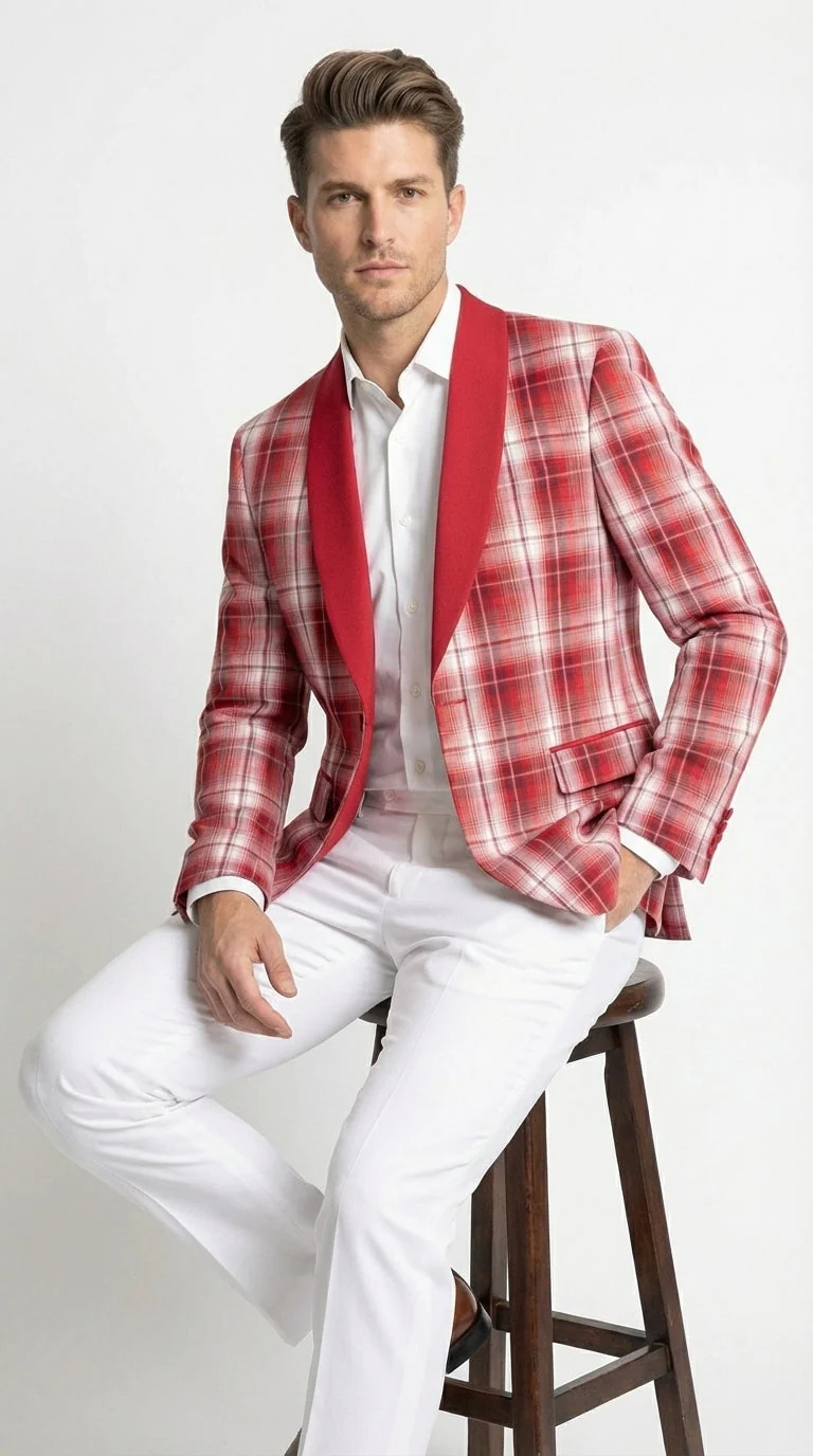 Mens Tartan Red and White Plaid Blazer – Check Pattern Sport Coat Red Shawl Lapel Party Christmas Holiday New Year - Image 8